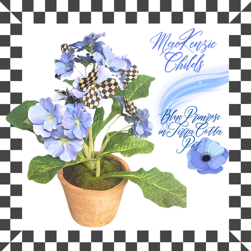 MacKenzie Childs Blue Potted Primrose Check Accents Terra Cotta Planter 11" Tall